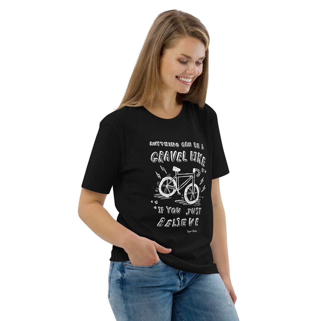 'Anything Can Be A Gravel Bike If You Just Believe: Pencil Sketch' Organic Cotton Tee - The Fun Shop by Tegan