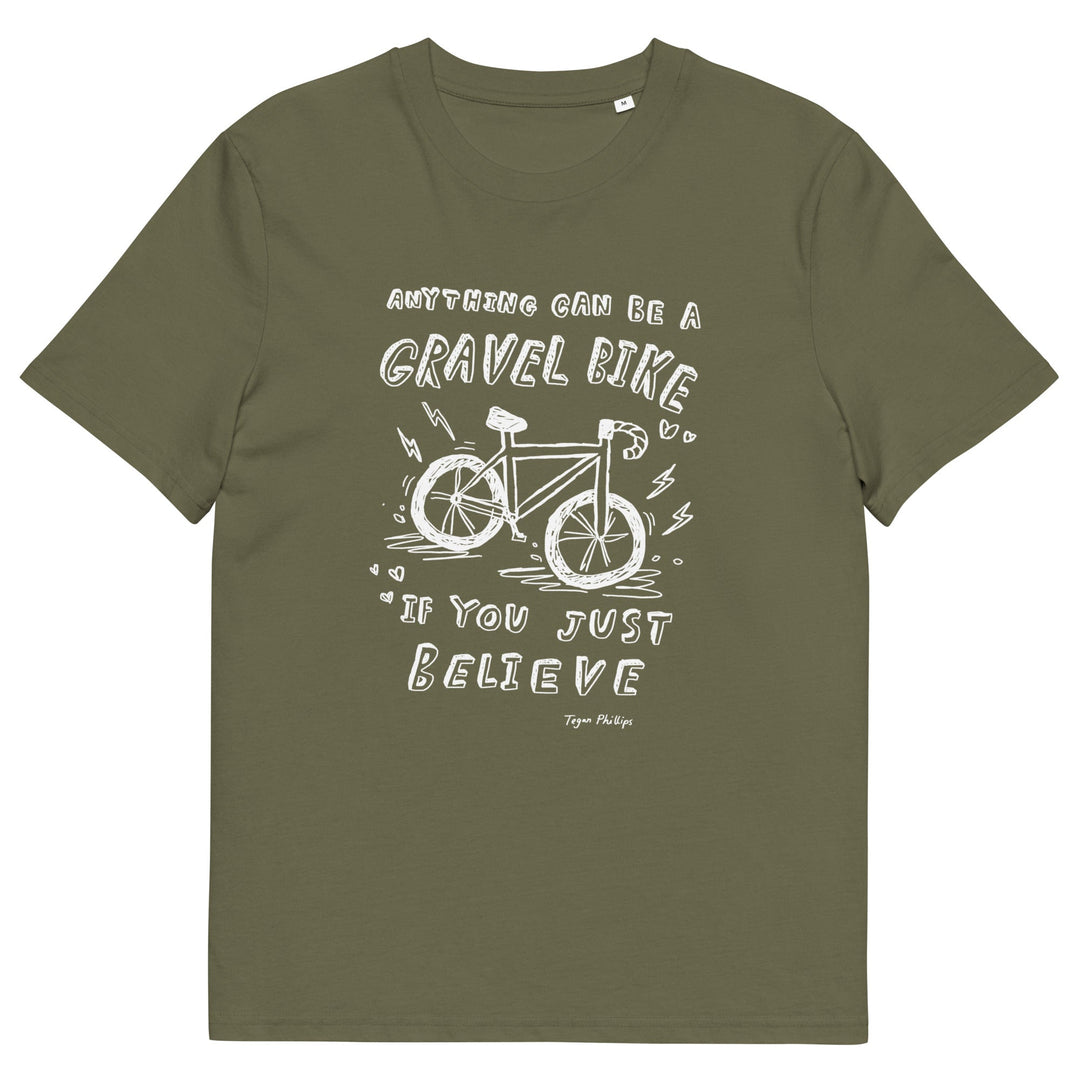 'Anything Can Be A Gravel Bike If You Just Believe: Pencil Sketch' Organic Cotton Tee - The Fun Shop by Tegan