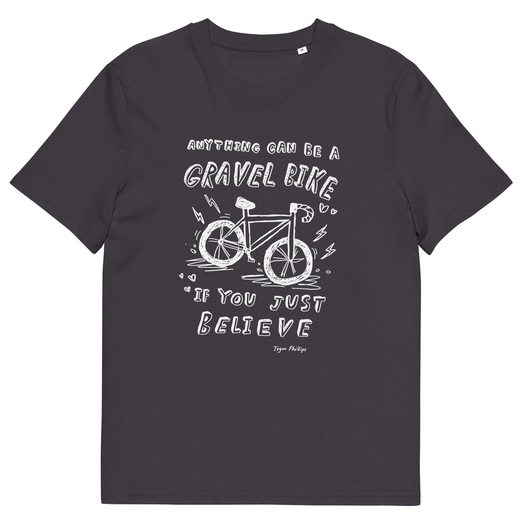 'Anything Can Be A Gravel Bike If You Just Believe: Pencil Sketch' Organic Cotton Tee - The Fun Shop by Tegan